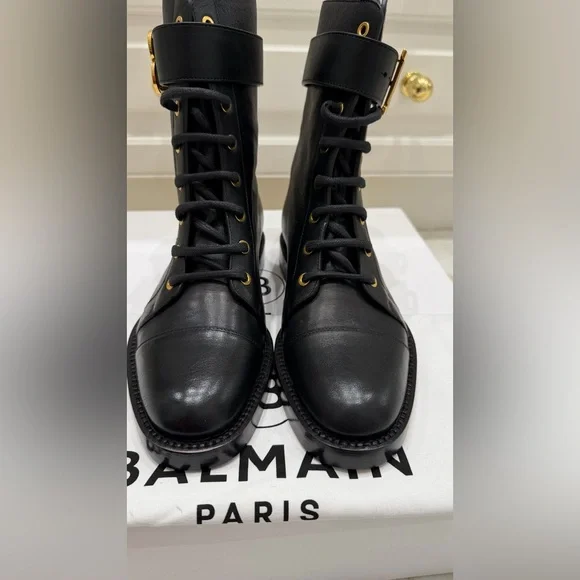 Balmain Black Leather Combat Boots with Gold B Symbol; Size 35; Brand New in Box - Picture 4 of 10